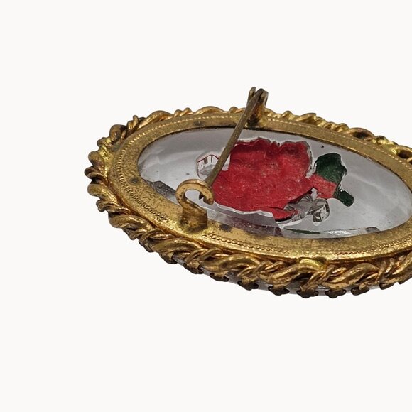 Vintage Gold-Toned Frame Clear Glass Red Handpainted Rose Brooch Fashion Jewelry - Picture 13 of 16